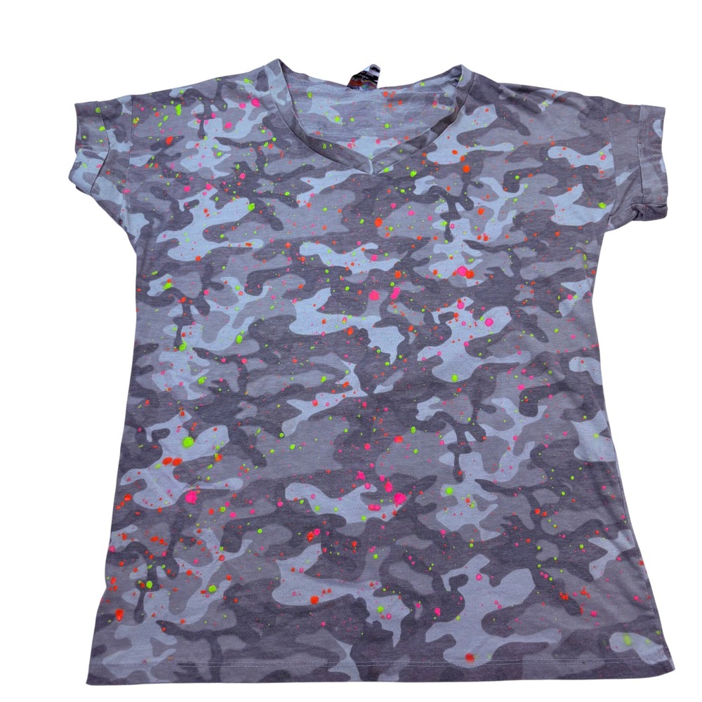 Like Love Womens Camo Paint Splatter V-Neck T-Shirt Grey Neon Pink Orange Small